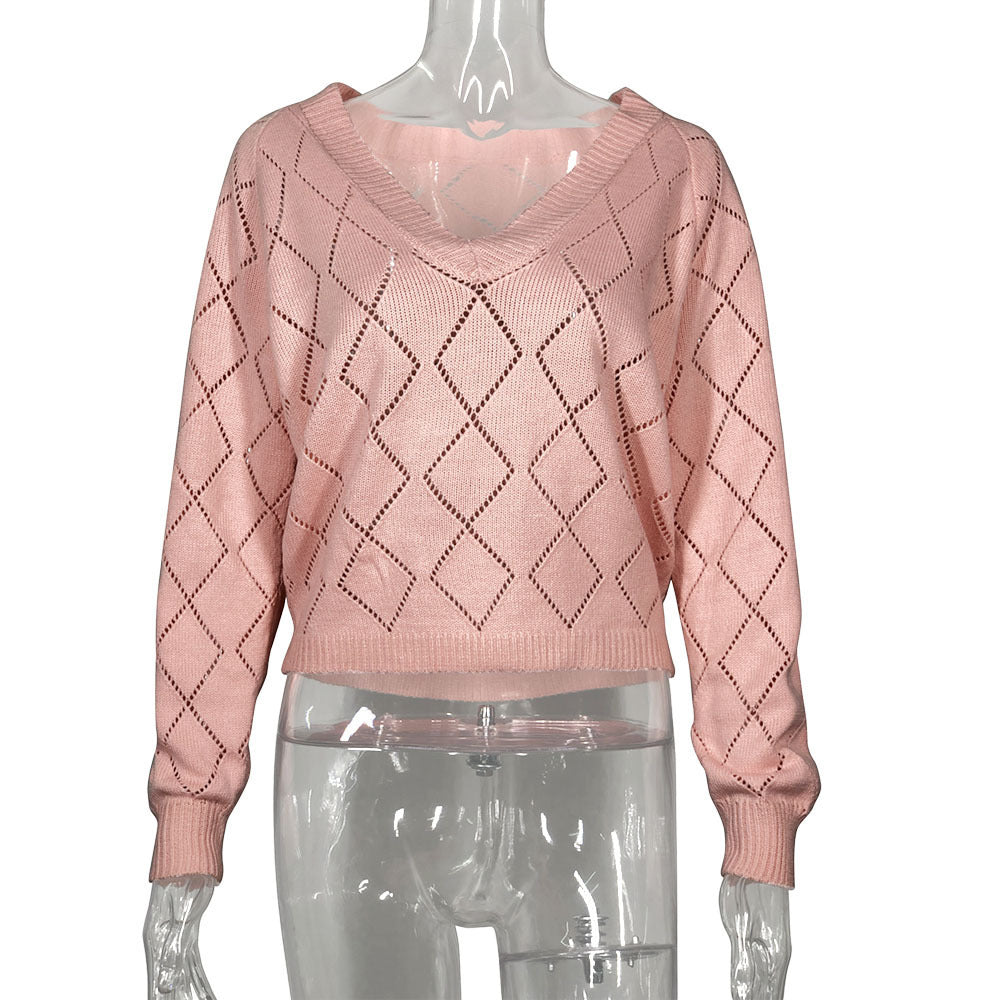 Women's Autumn/Winter Knitted Sweater V-neck Sexy Hollow Long Sleeve Loose Fashion Knitted Sweater Top for Women - The Nex Store