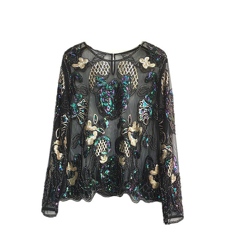 Fashionable women's clothing new trend heavy industry art bead round neck long sleeved base shirt - The Nex Store