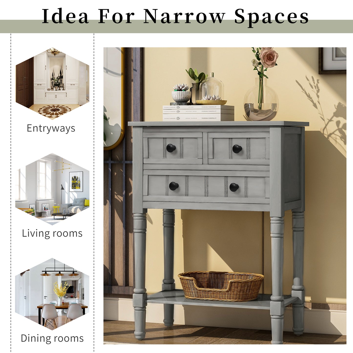 TREXM Narrow Console Desk, Thin Sofa Table with Three Storage Drawers and Living Room Bottom Shelves (Grey Washed) - The Nex Store