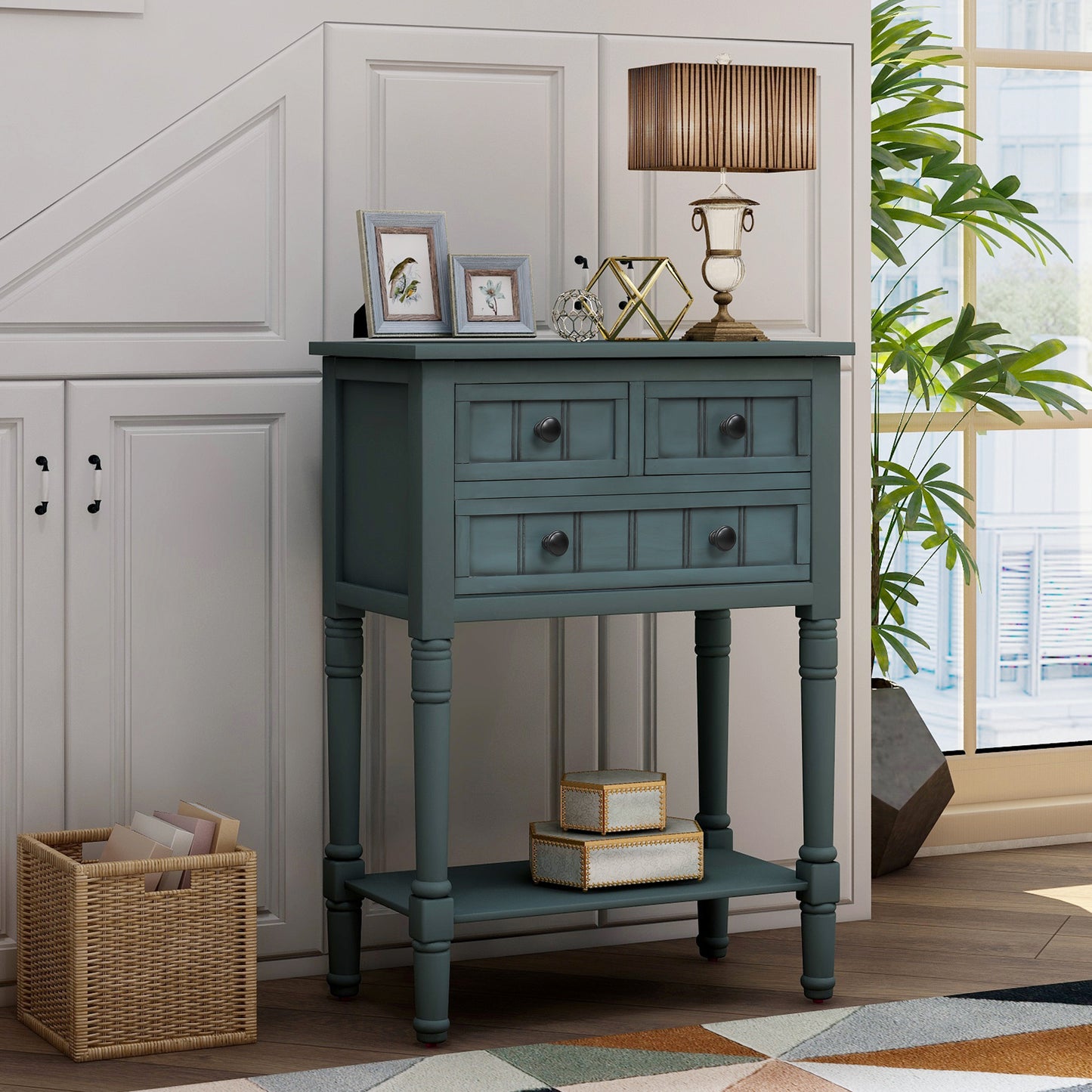 TREXM Narrow Console Table, Slim Sofa Table with Three Storage Drawers and Bottom Shelf for Living Room, Easy Assembly (Navy) - The Nex Store