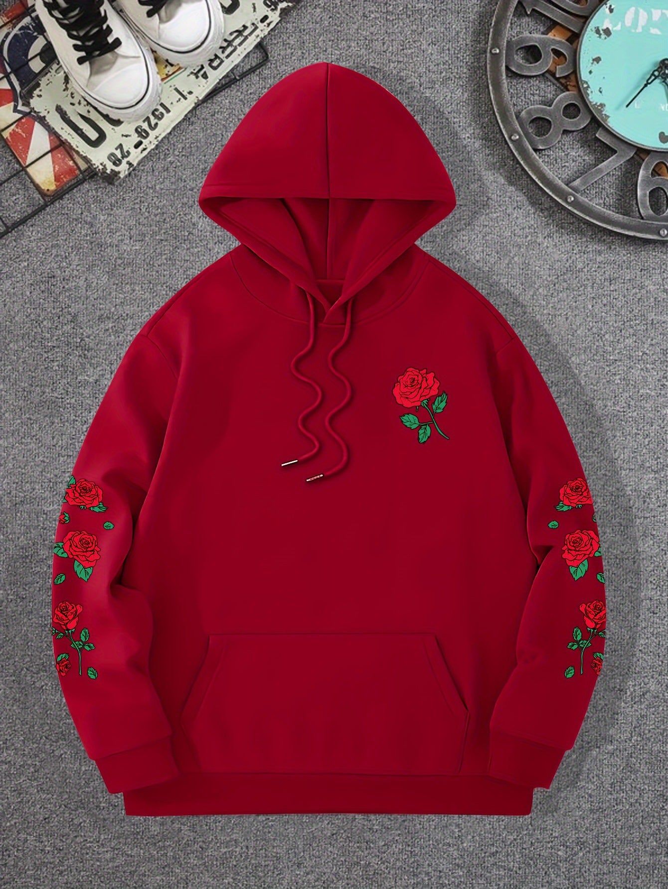 New printed red rose off shoulder sweatshirt casual street men's and women's sportswear pullover loose hoodie - The Nex Store