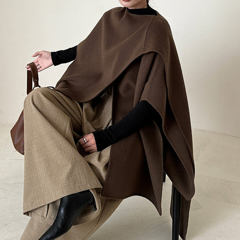 Women's woolen overcoat with a simple style and a sense of high class featuring a top cloak and shawl - The Nex Store