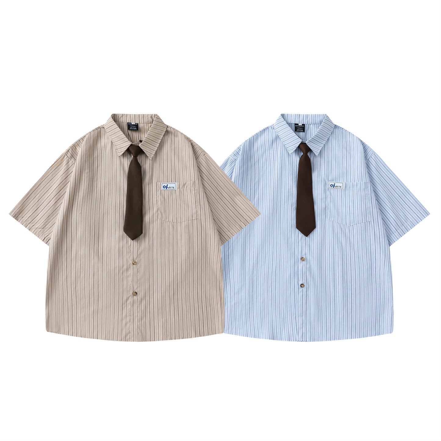 Striped Short-Sleeved Shirt Unisex College Style Loose Fit All-Match Dress Shirt with Tie - The Nex Store