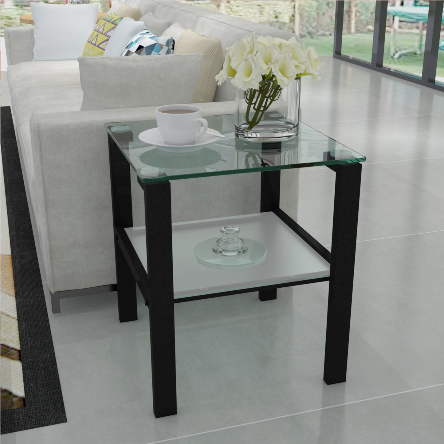 Glass two layer tea table, small round table, bedroom corner table, living room black side table - The Nex Store