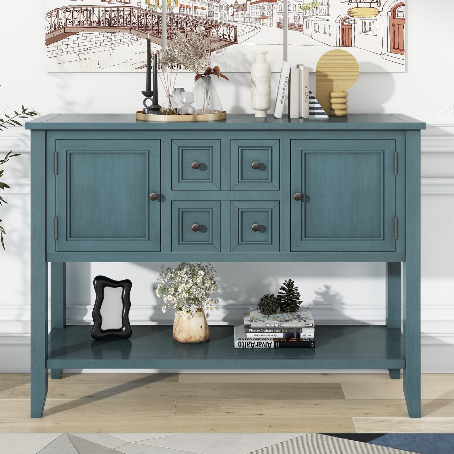 REXM Cambridge Series Spacious Storage Retro Console Desk with Four Small Drawers and Bottom Shelf - The Nex Store
