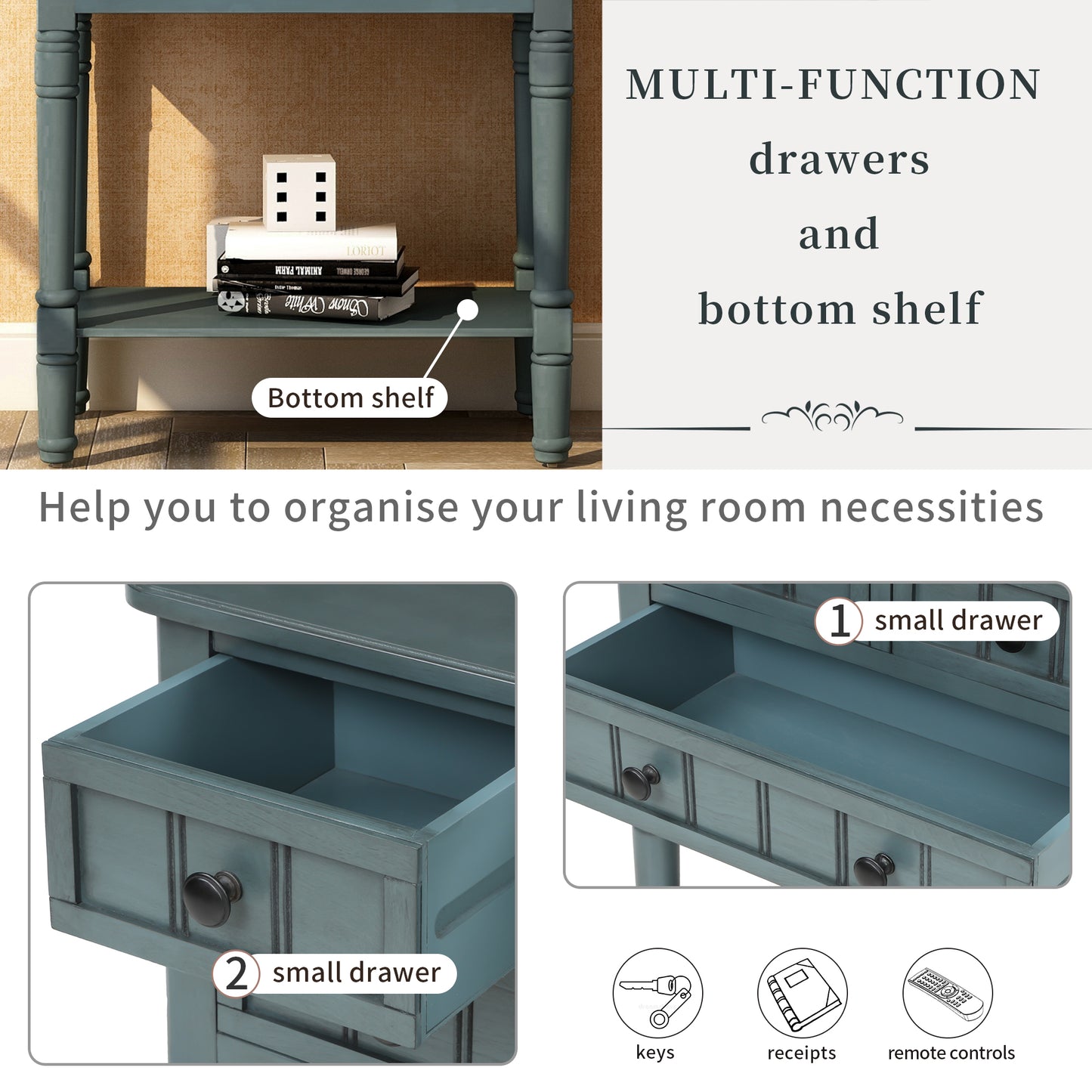 TREXM Narrow Console Table, Slim Sofa Table with Three Storage Drawers and Bottom Shelf for Living Room, Easy Assembly (Navy) - The Nex Store