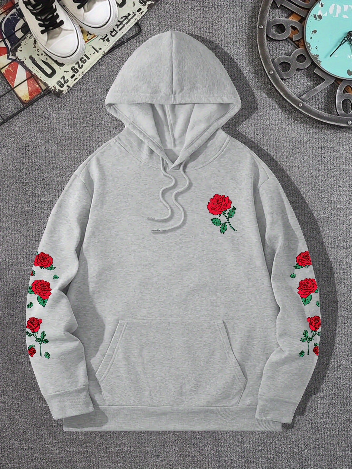 New printed red rose off shoulder sweatshirt casual street men's and women's sportswear pullover loose hoodie - The Nex Store