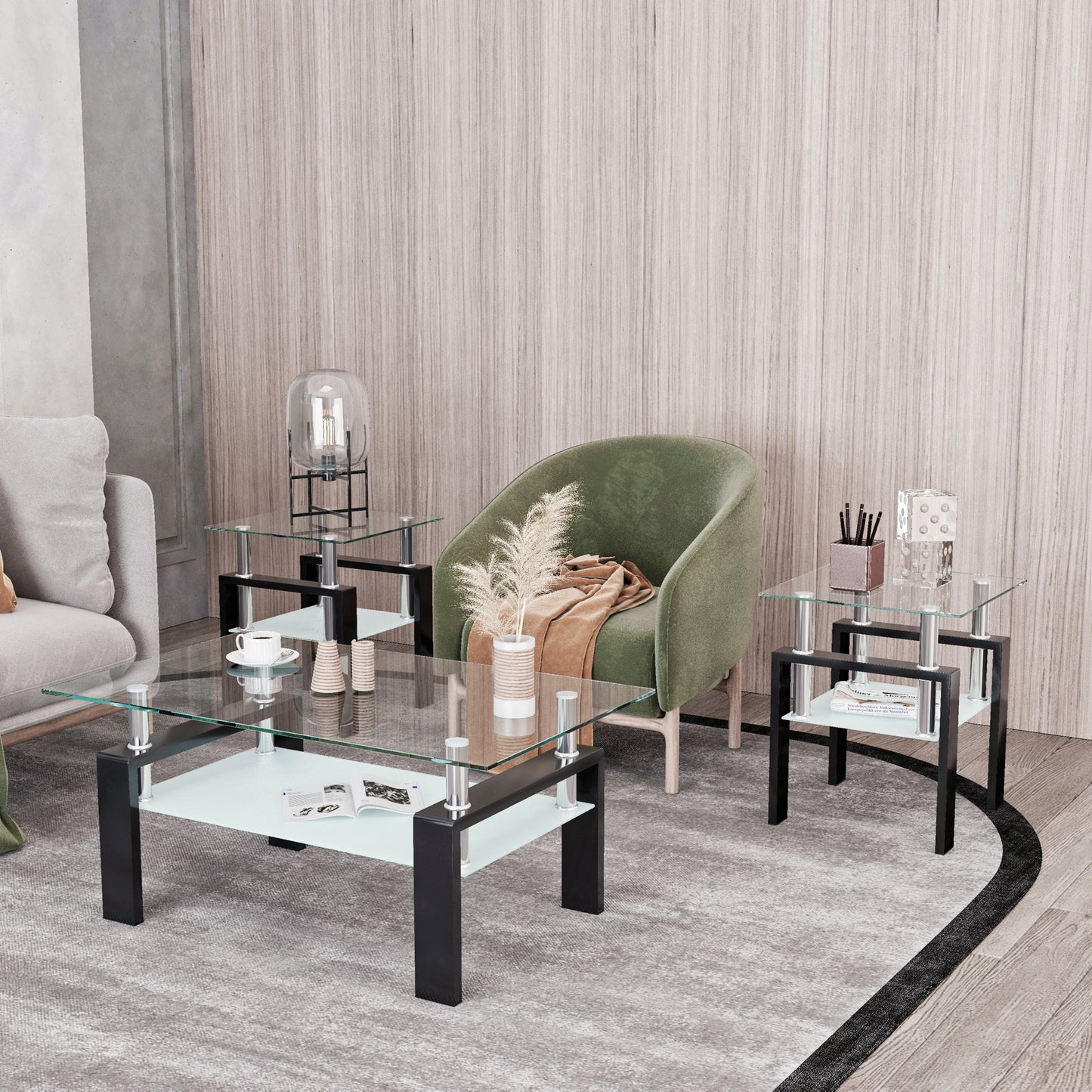 Set of 2, Modern Tempered Glass Tea Table Coffee Table End Table, Square Table for Living Room, Transparent/Black - The Nex Store