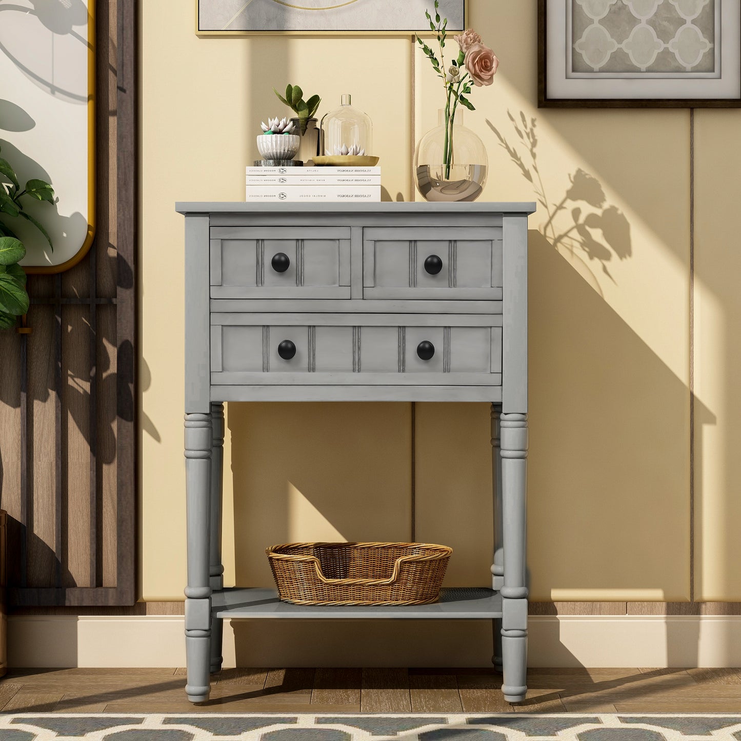 TREXM Narrow Console Desk, Thin Sofa Table with Three Storage Drawers and Living Room Bottom Shelves (Grey Washed) - The Nex Store