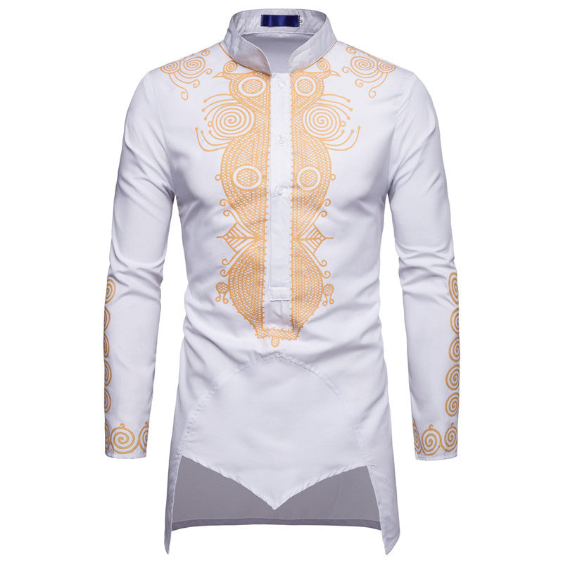 Long sleeved regular black youth all season universal stand up collar casual printed men's shirt - The Nex Store