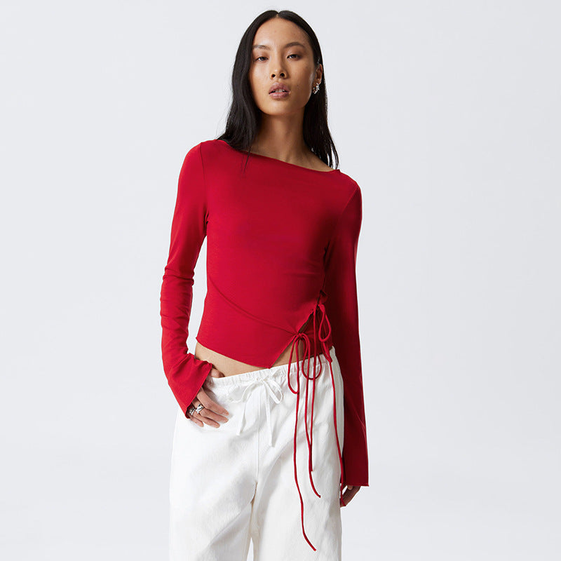 Women's Crew Neck Ruffle Trim Solid Side Tie T-Shirt Top - The Nex Store
