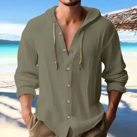 Cotton And Linen Shirt Hooded Sweater Button Long Sleeve - The Nex Store
