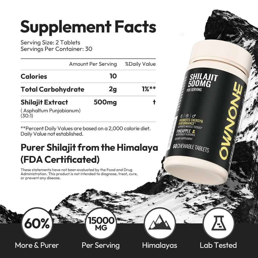 OWNONE SHILAJIT Chewable Tablets 15000MG High Content For Muscle,Energy,Strength Athletic Performance Support Pineapple Flavor 60 Tablets - The Nex Store