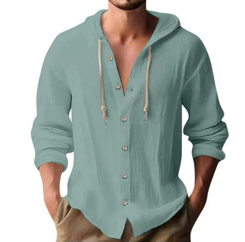 Cotton And Linen Shirt Hooded Sweater Button Long Sleeve - The Nex Store