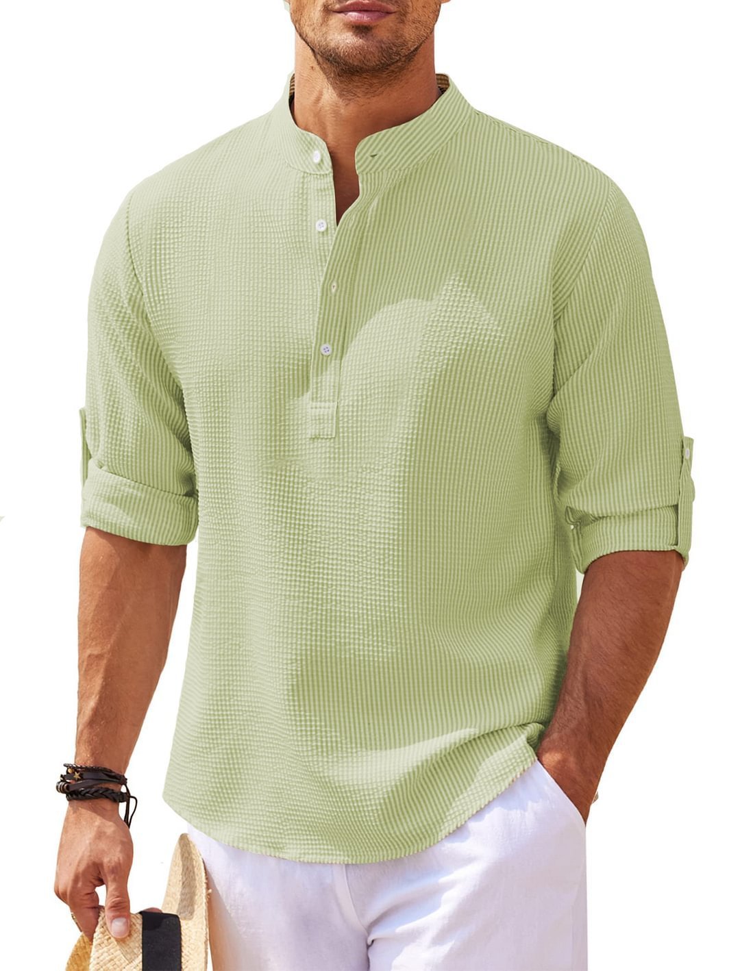 Men's Casual Shirt Long Sleeve Stand Collar Solid Color Shirt Mens Clothing - The Nex Store