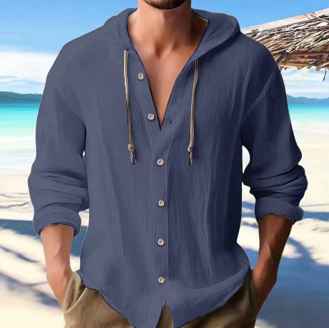 Cotton And Linen Shirt Hooded Sweater Button Long Sleeve - The Nex Store