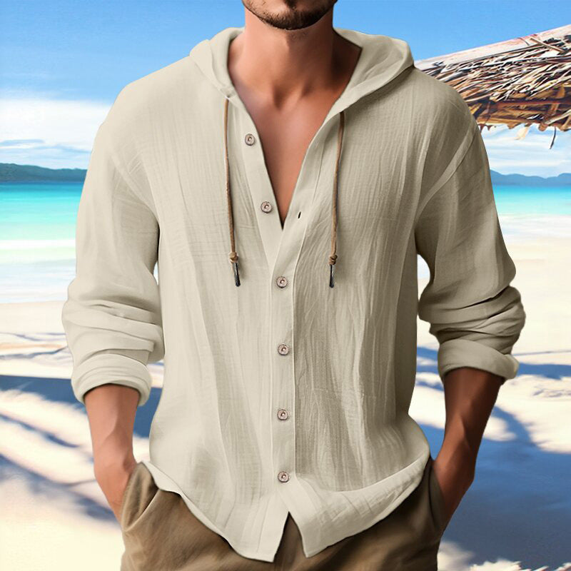 Cotton And Linen Shirt Hooded Sweater Button Long Sleeve - The Nex Store