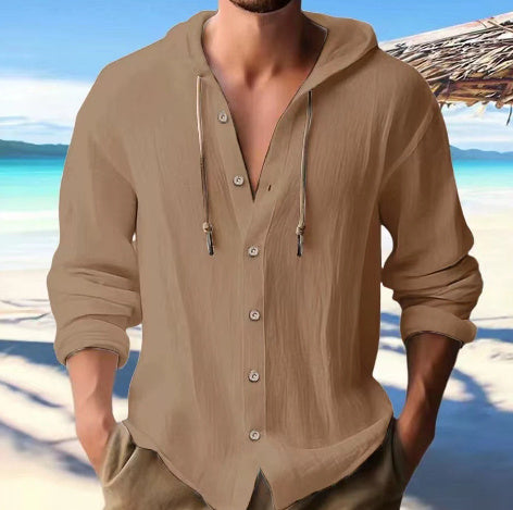 Cotton And Linen Shirt Hooded Sweater Button Long Sleeve - The Nex Store