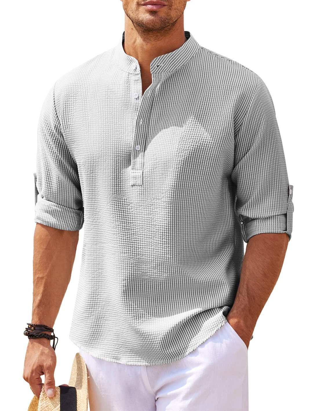 Men's Casual Shirt Long Sleeve Stand Collar Solid Color Shirt Mens Clothing - The Nex Store
