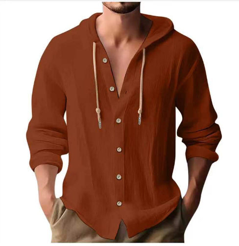 Cotton And Linen Shirt Hooded Sweater Button Long Sleeve - The Nex Store