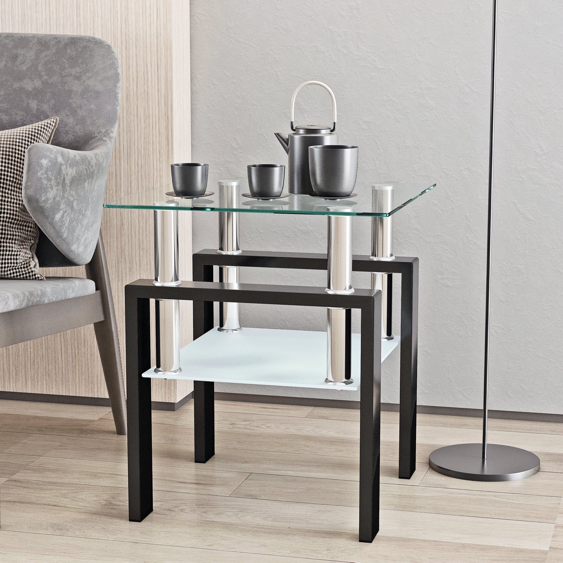 1-Piece Modern Tempered Glass Tea Table Coffee Table End Table, Square Table for Living Room, Transparent/Black - The Nex Store