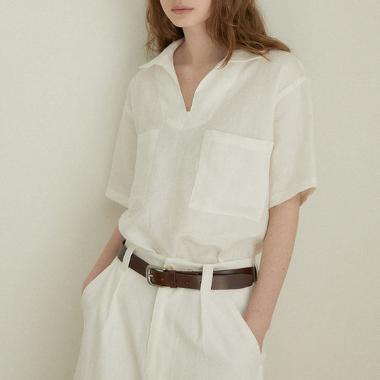 Linen Shirt V-neck Loose  Women's High-end Blouse Summer Wide Silhouette Short-sleeved Turn-down Collar Top - The Nex Store