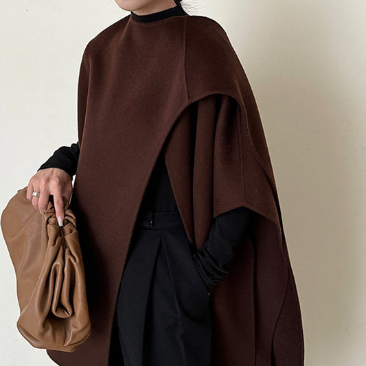 Women's woolen overcoat with a simple style and a sense of high class featuring a top cloak and shawl - The Nex Store
