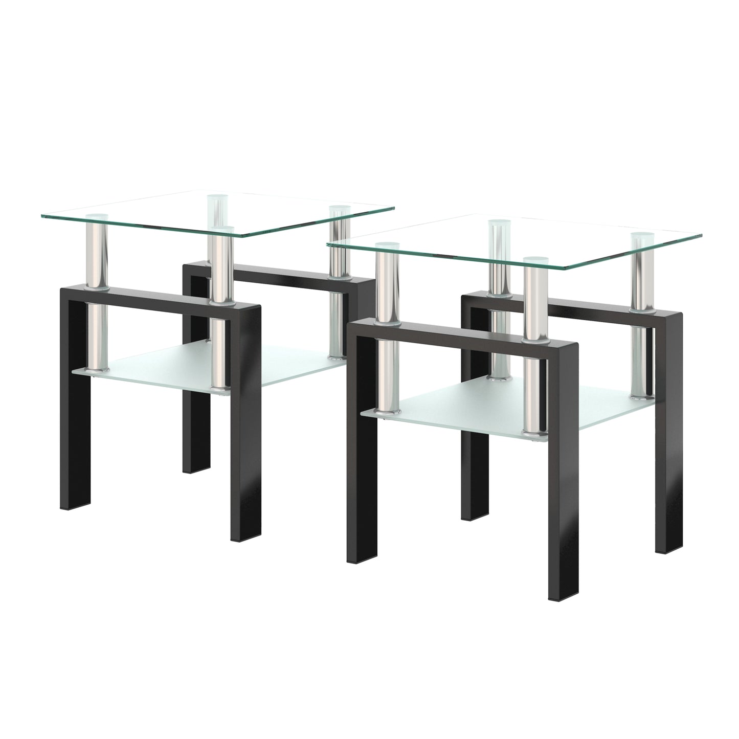 Set of 2, Modern Tempered Glass Tea Table Coffee Table End Table, Square Table for Living Room, Transparent/Black - The Nex Store