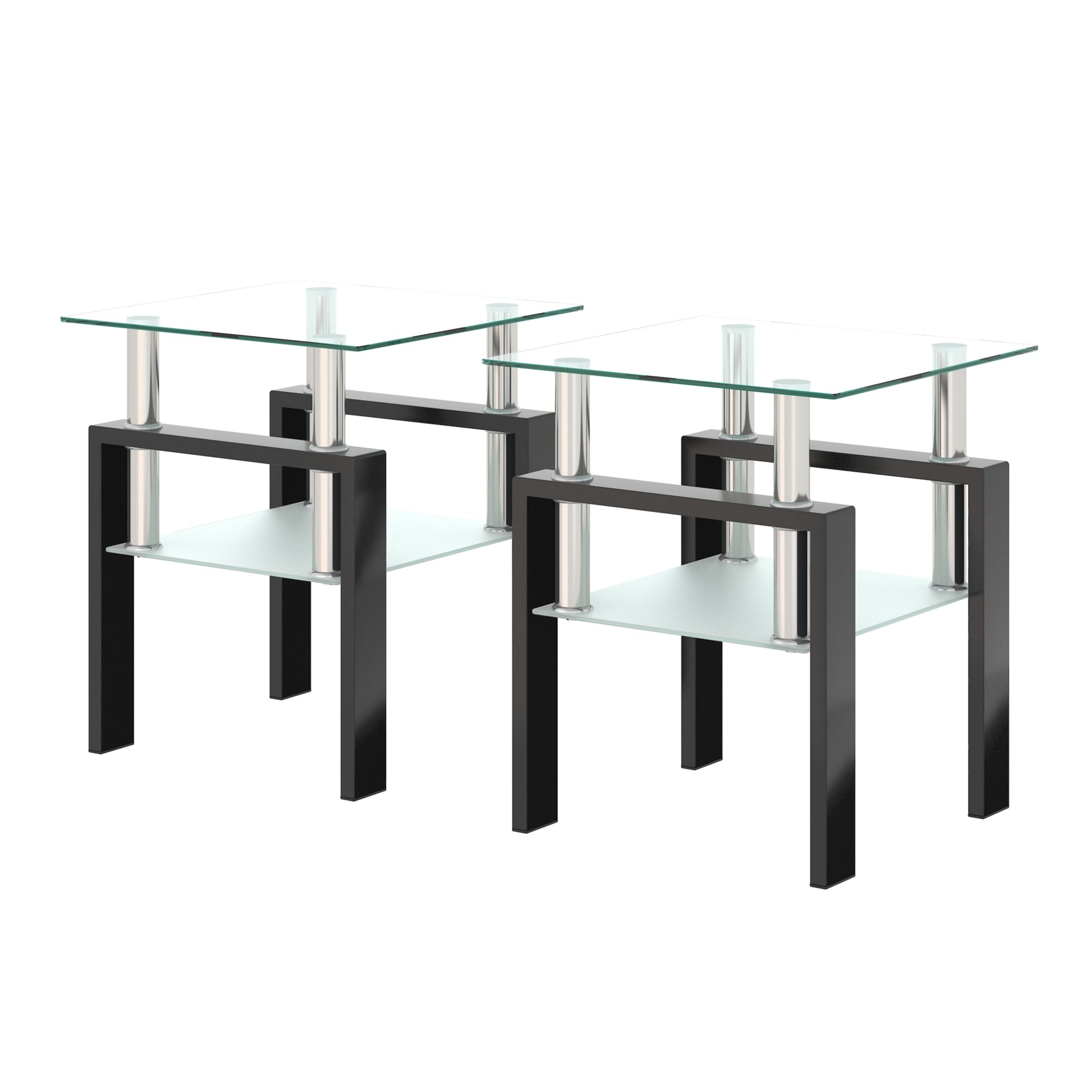 Set of 2, Modern Tempered Glass Tea Table Coffee Table End Table, Square Table for Living Room, Transparent/Black - The Nex Store