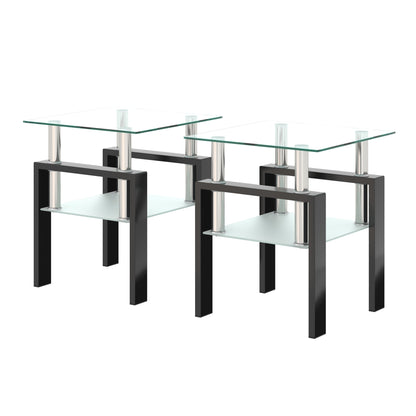 Set of 2, Modern Tempered Glass Tea Table Coffee Table End Table, Square Table for Living Room, Transparent/Black - The Nex Store