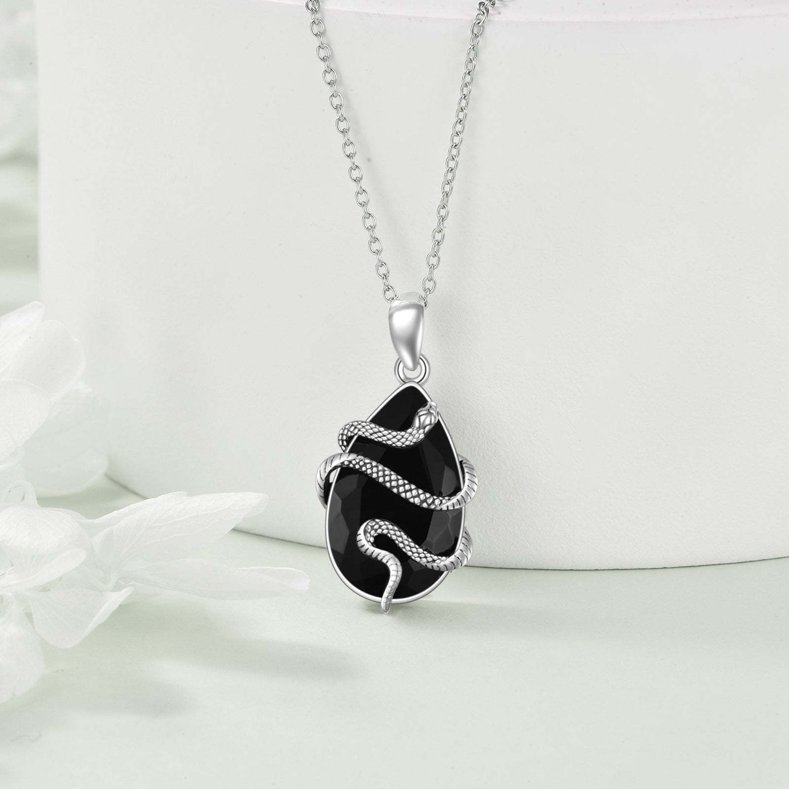 Sterling Silver Black Obsidian Tourmaline Crystal Snake Necklace Jewelry as Gifts - The Nex Store