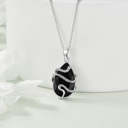 Sterling Silver Black Obsidian Tourmaline Crystal Snake Necklace Jewelry as Gifts - The Nex Store