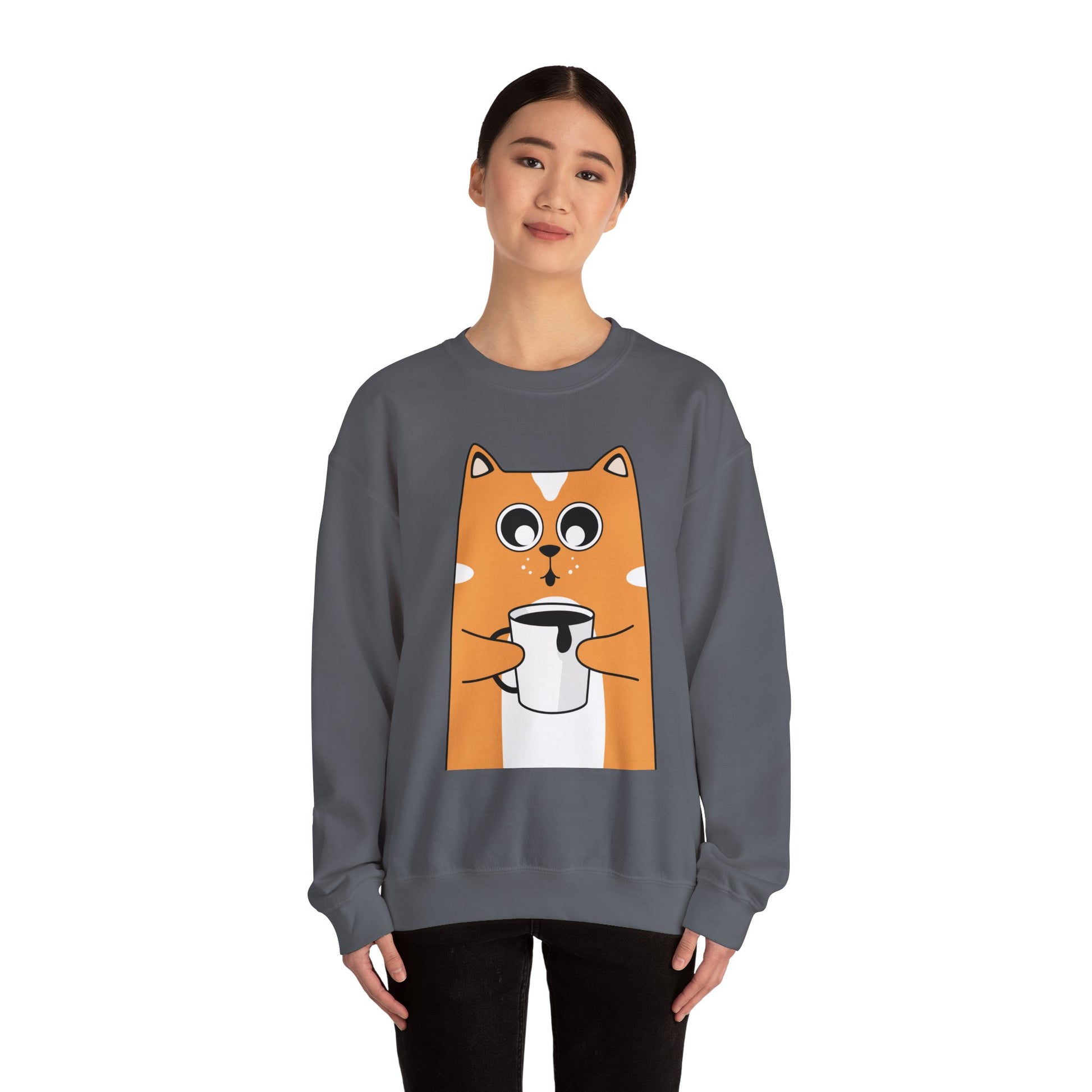 Cute Cat Mug Sweatshirt, Cozy Crewneck, Cat Lover Gift, Animal Apparel, Perfect for Fall, Fun Pet Sweatshirt - The Nex Store