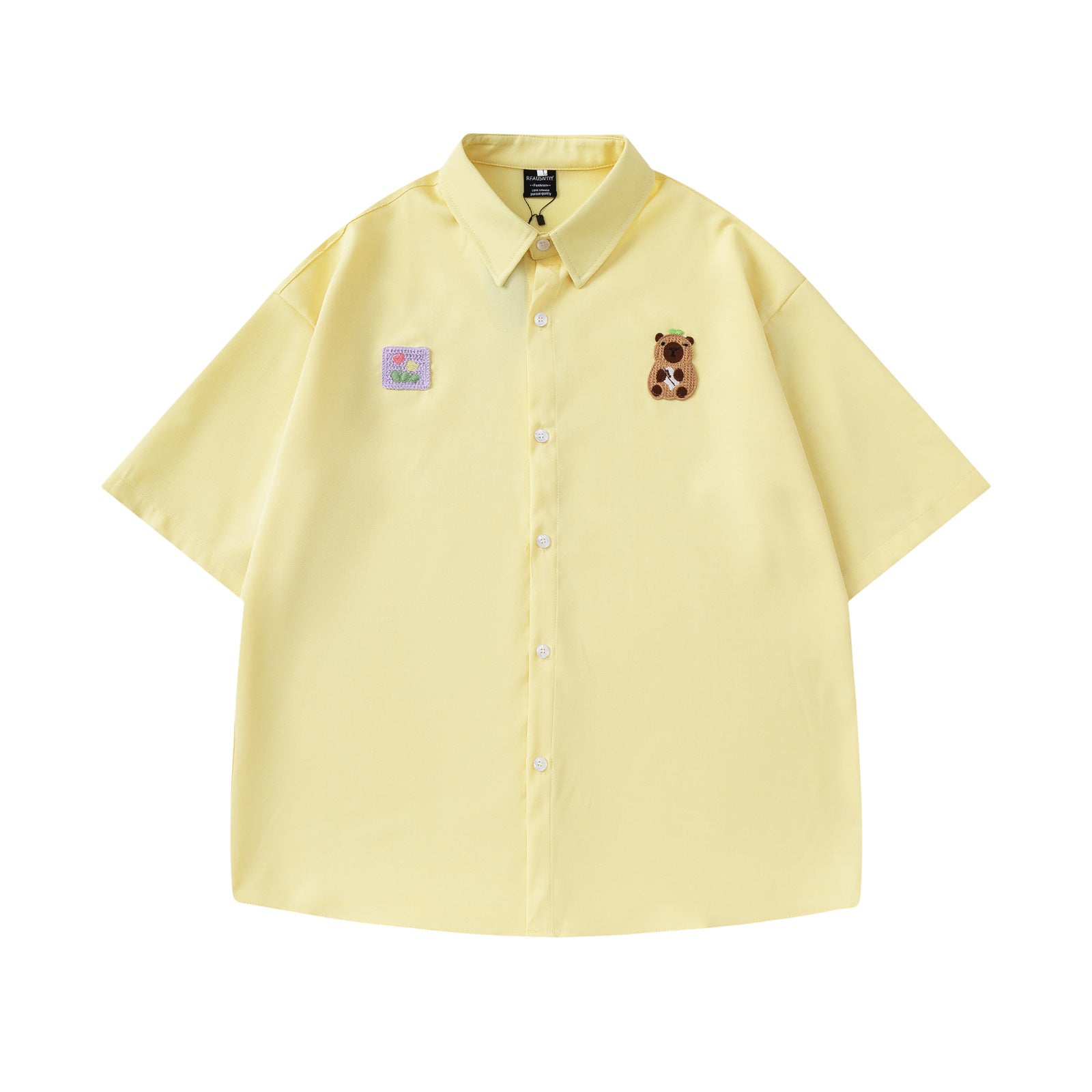 Retro Cute Cartoon Embroidery Short Sleeve Shirt Men's Design Loose Fit All-Match Couple Shirt - The Nex Store