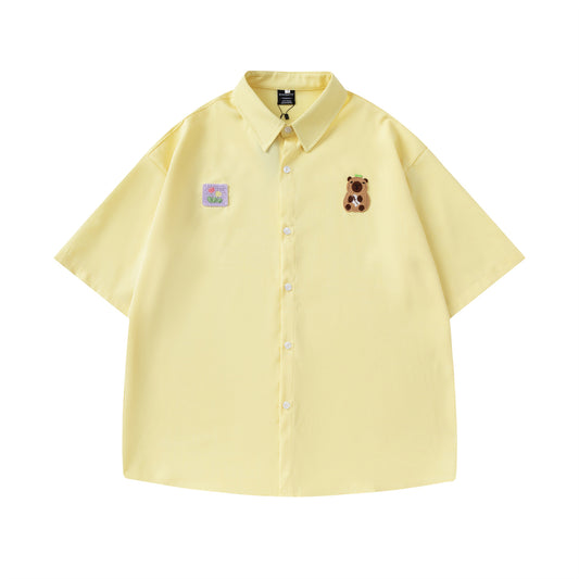 Retro Cute Cartoon Embroidery Short Sleeve Shirt Men's Design Loose Fit All-Match Couple Shirt - The Nex Store