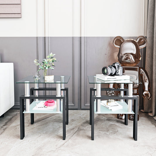 Set of 2, Modern Tempered Glass Tea Table Coffee Table End Table, Square Table for Living Room, Transparent/Black - The Nex Store