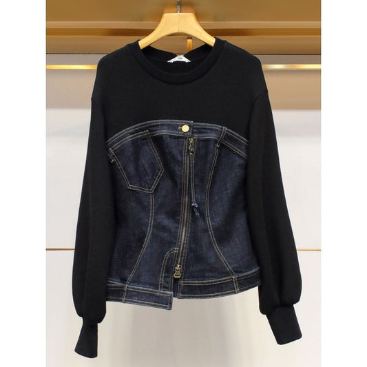 Design inspired top, fashionable and age reducing denim patchwork hoodie, women's fashion trend - The Nex Store