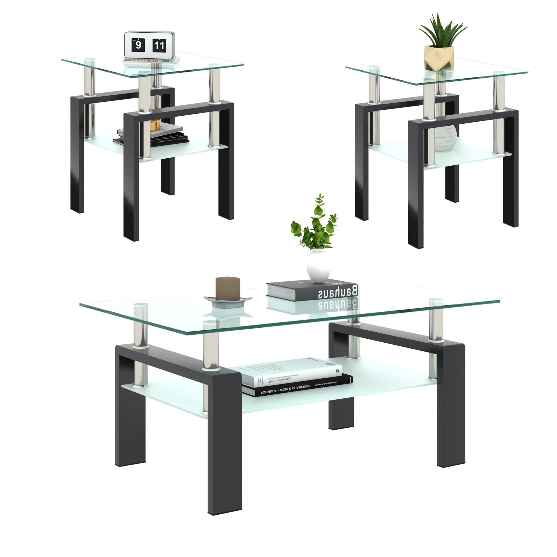 Set of 2, Modern Tempered Glass Tea Table Coffee Table End Table, Square Table for Living Room, Transparent/Black - The Nex Store