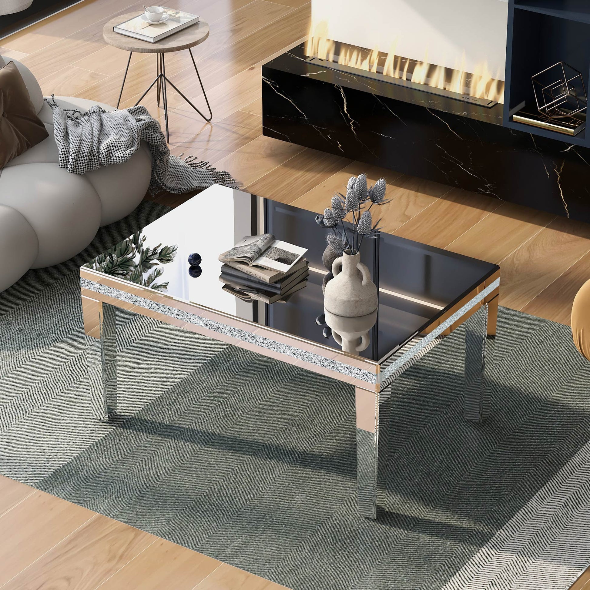 The ON-TRANS stylish modern glass mirrored coffee table features a crystal design and adjustable height legs in silver - The Nex Store