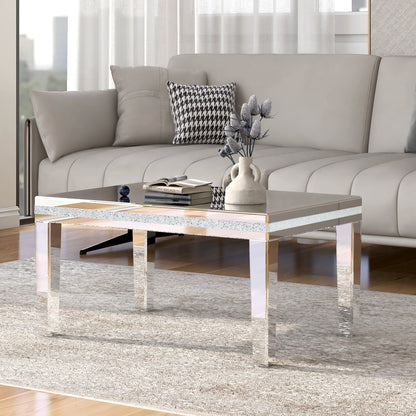 The ON-TRANS stylish modern glass mirrored coffee table features a crystal design and adjustable height legs in silver - The Nex Store