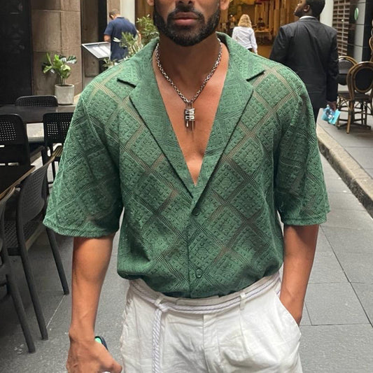 Fashion Mens Clothing Men's Hollow-out Breathable Short-sleeved Lapel Casual Shirt - The Nex Store