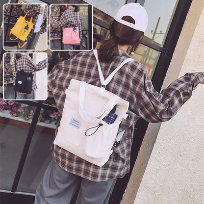Stylish Harajuku canvas bags for students, featuring various colors and pockets, perfect for trendy outings.