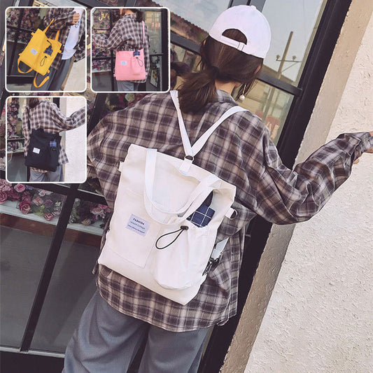 Stylish Harajuku canvas bags for students, featuring various colors and pockets, perfect for trendy outings.