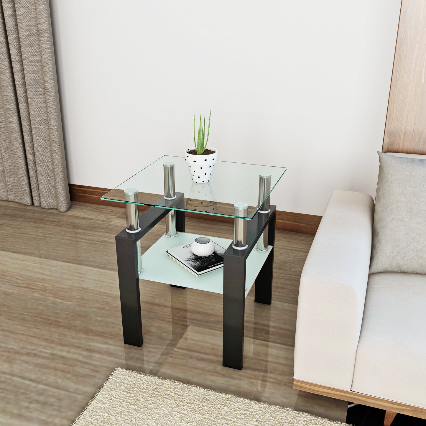 1-Piece Modern Tempered Glass Tea Table Coffee Table End Table, Square Table for Living Room, Transparent/Black - The Nex Store