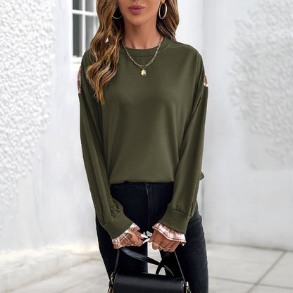 Grid stitched round neck pullover hoodie for women - The Nex Store