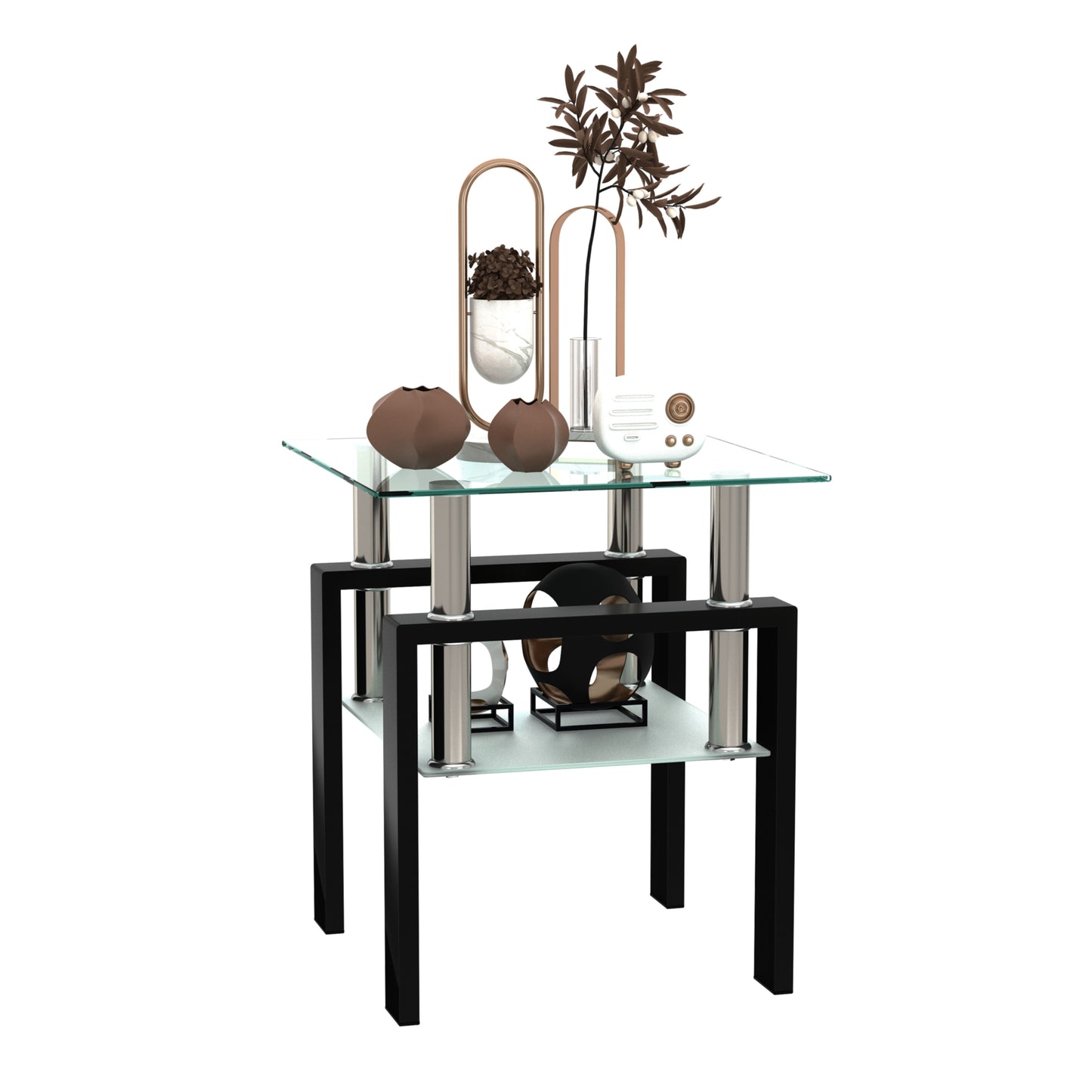 1-Piece Modern Tempered Glass Tea Table Coffee Table End Table, Square Table for Living Room, Transparent/Black - The Nex Store