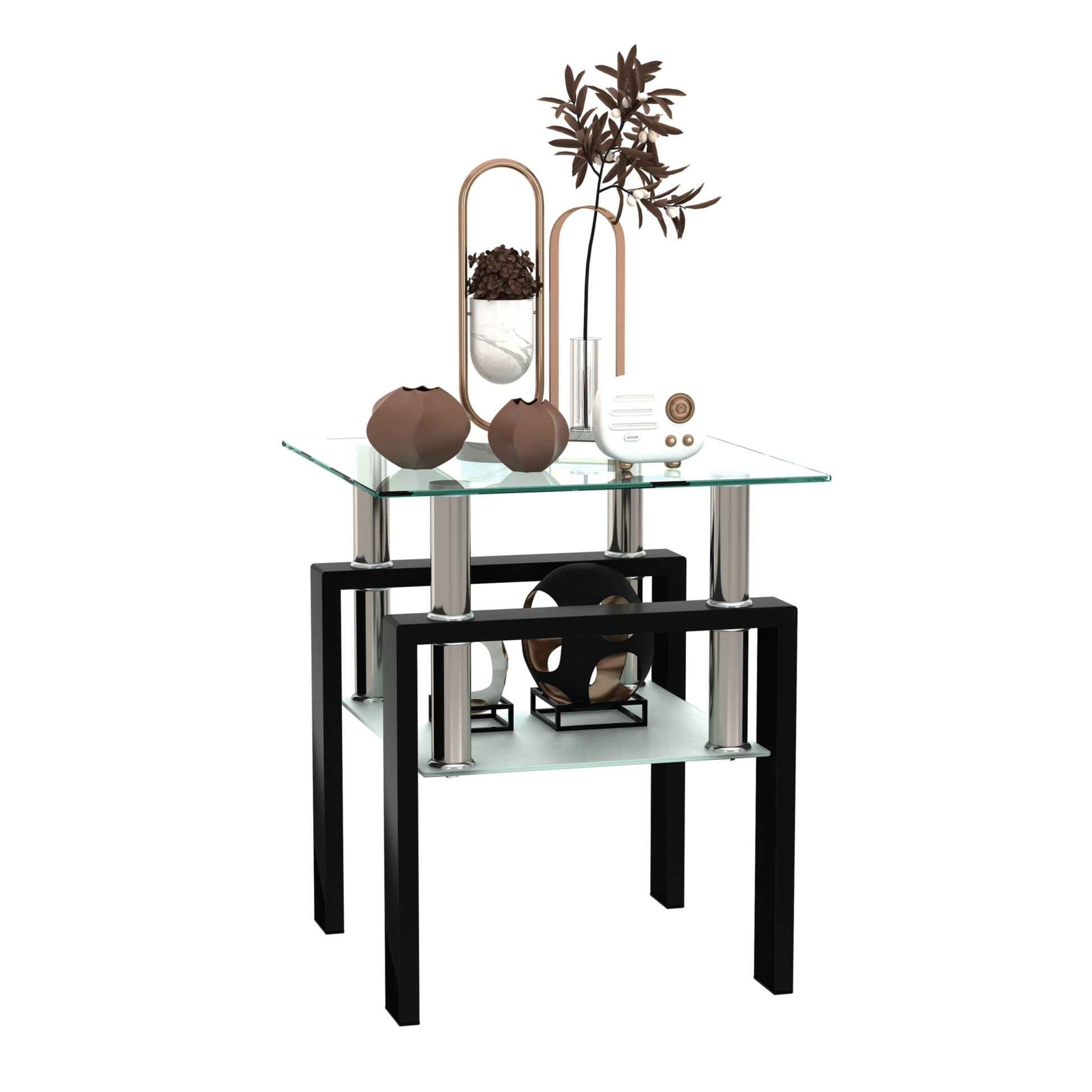 1-Piece Modern Tempered Glass Tea Table Coffee Table End Table, Square Table for Living Room, Transparent/Black - The Nex Store
