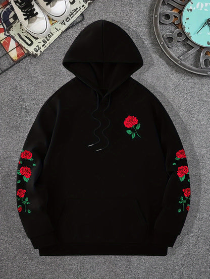 New printed red rose off shoulder sweatshirt casual street men's and women's sportswear pullover loose hoodie - The Nex Store