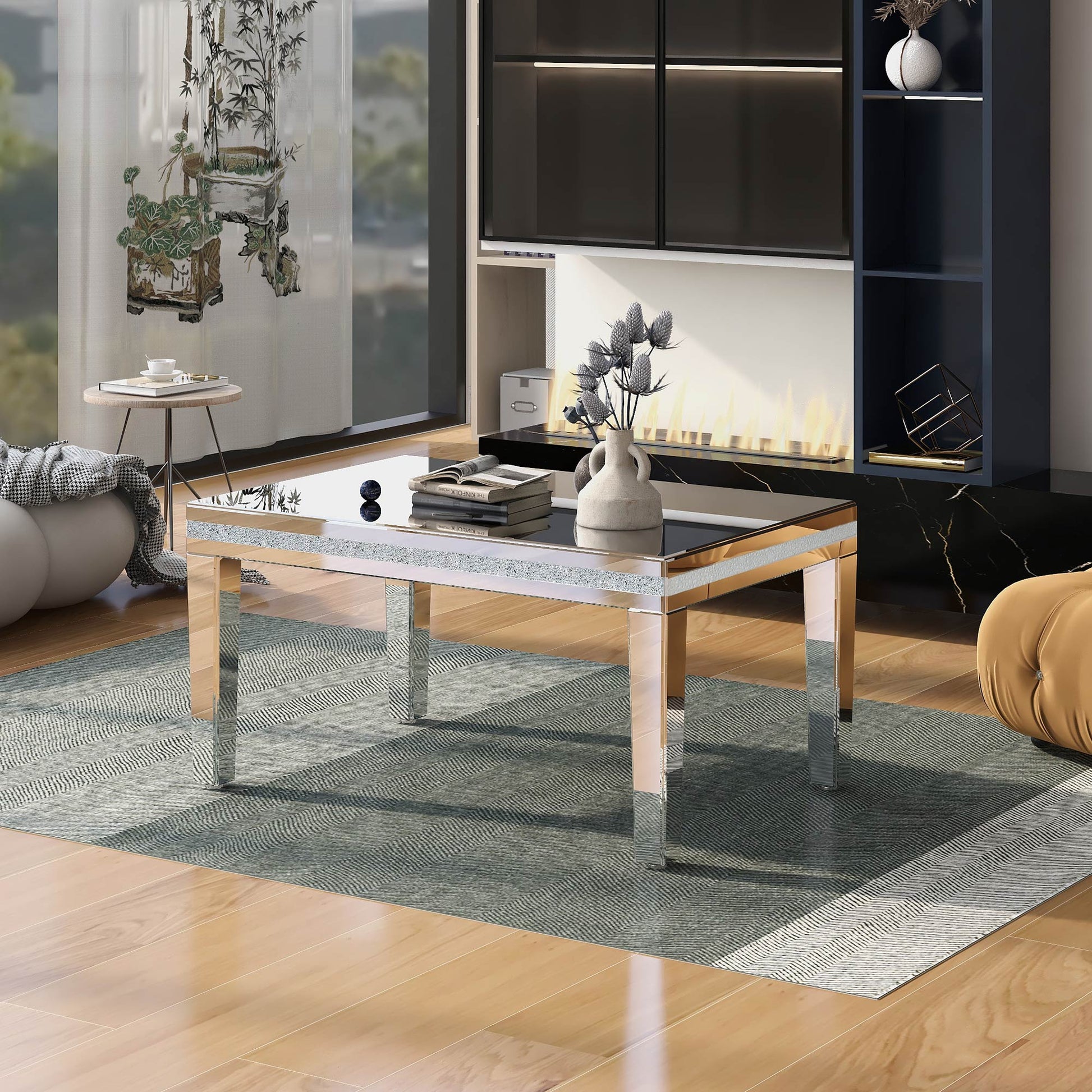 The ON-TRANS stylish modern glass mirrored coffee table features a crystal design and adjustable height legs in silver - The Nex Store
