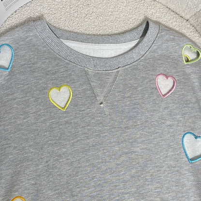 Small niche autumn and winter new grey round neck hollow out heart embroidered long sleeved hoodie for women - The Nex Store